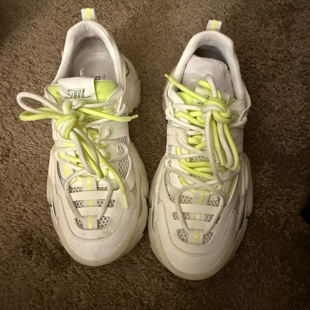 Ladies Steve Madden White and Neon Green Sneakers